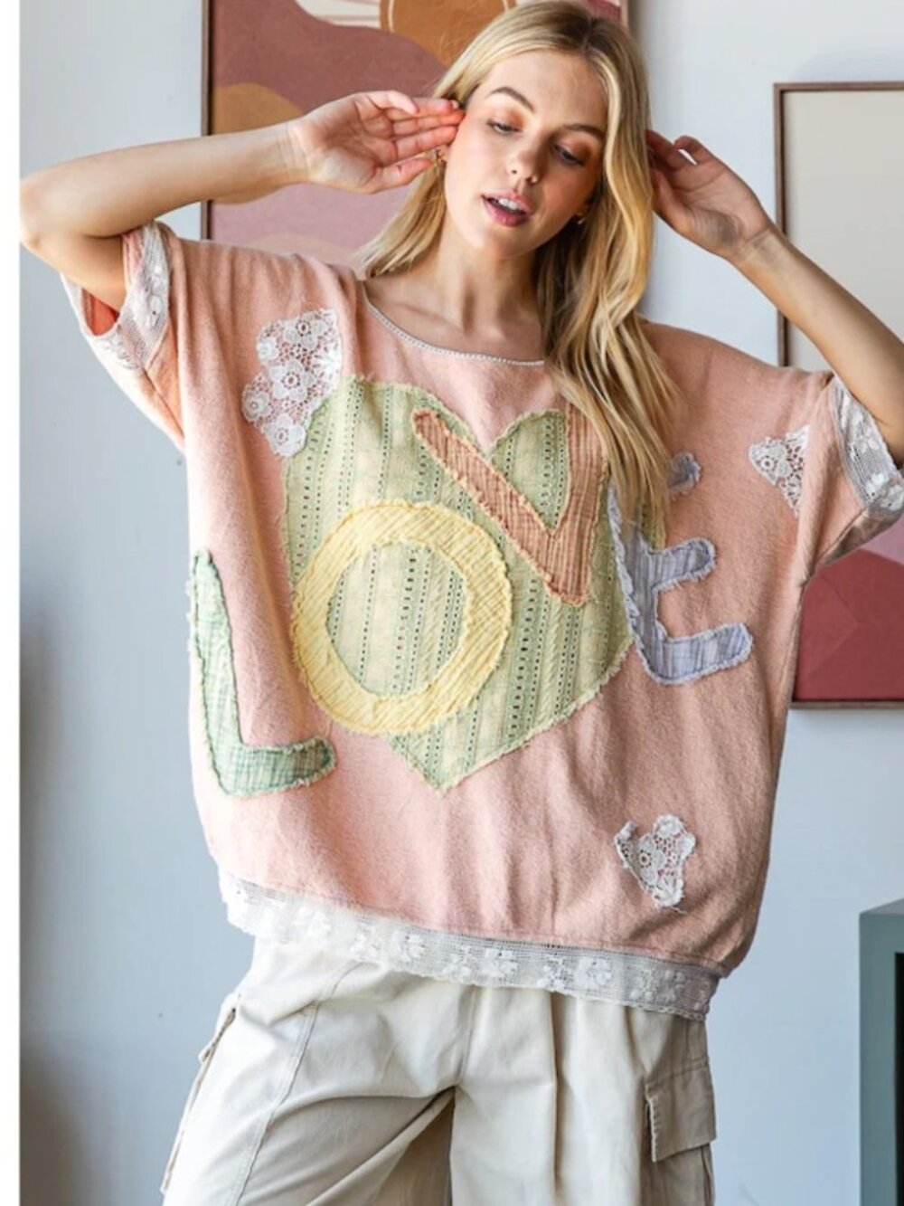 Oli & Hali Rosina Love Heart Lace Patchwork Oversized Top with Pockets Size L